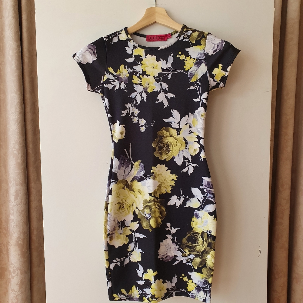 Boohoo Black/Grey/Yellow Stretch Knit Dress Size 8 - Picture 1 of 3